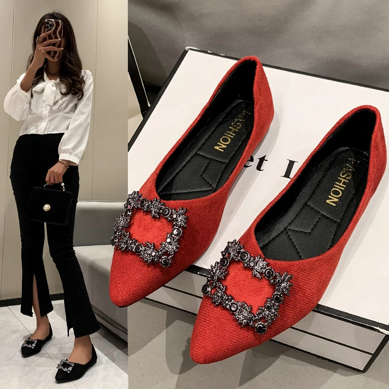 Women's Suede Dyed Flats Pointed Toe Loafers Wedding Bridesmaid Princess Dress Shoes High Quality Diamond Low Top Shoes