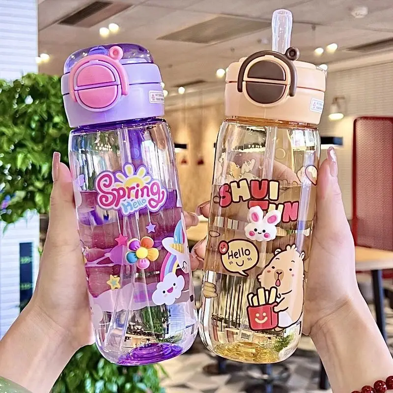

High appearance level cartoon student sippy cup carrying strap plastic cup lovely double drink leakproof bounce cap water cup