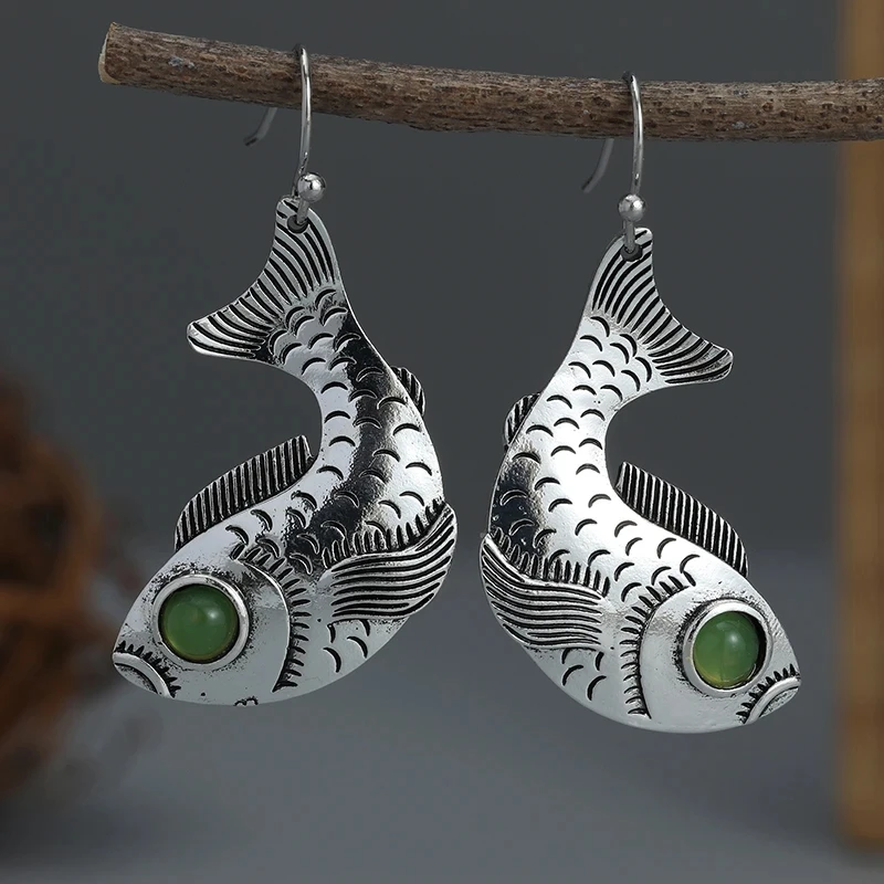 Charm Women Luxury Fish Animal Green Stone Drop Silver Color Earrings Party Jewelry Gifts