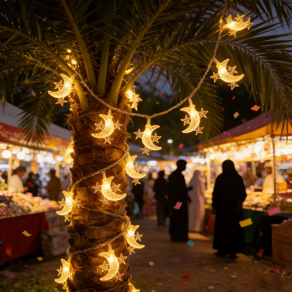 6M 40LEDs Star Moon Rope Lights, Battery Powered, Decoration for Ramadan, Eid Al Fitr, Spring Festival,Valentine's Day