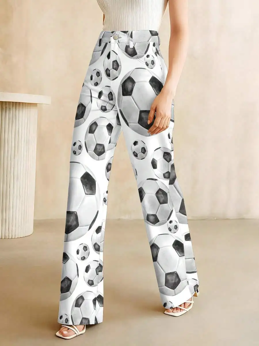 

Soccer Ball Print Wide Leg Trousers Women Plus Size Machine Washable