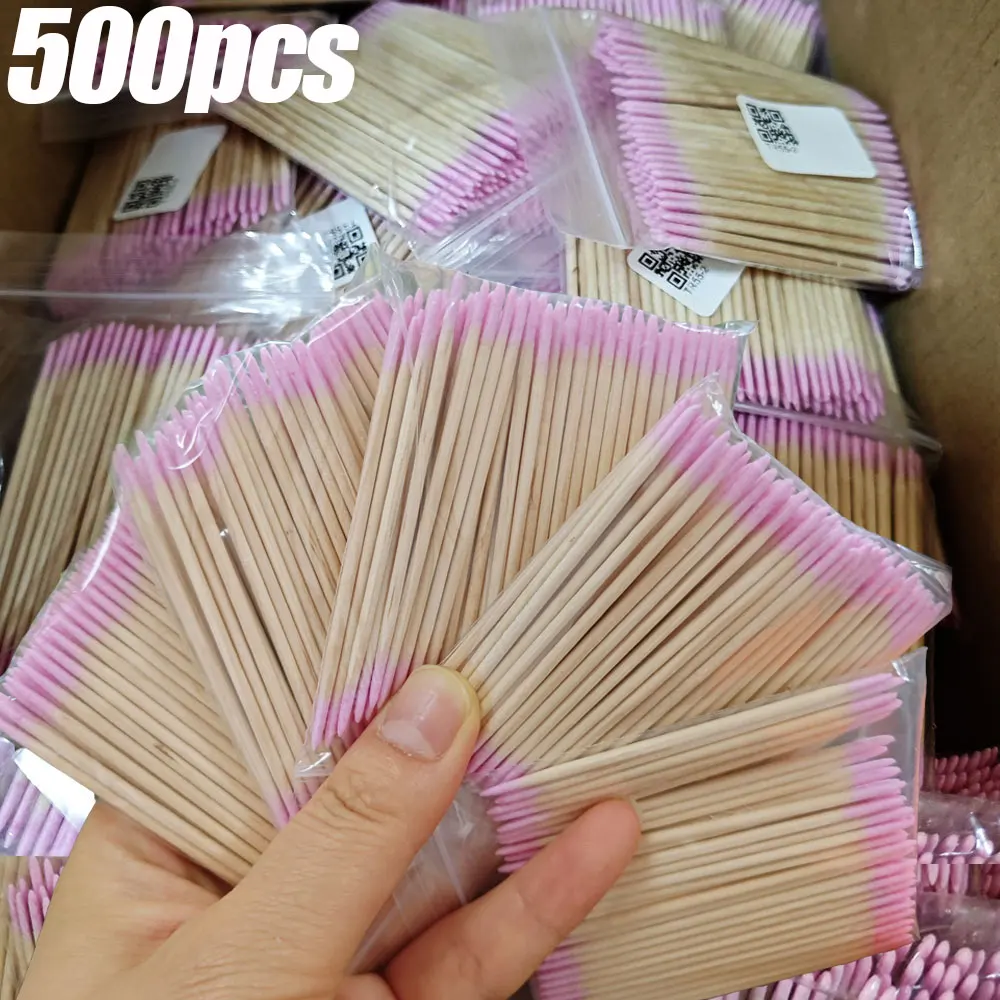 

500 шт., розовые двойные ватные тампоны для дизайна ногтей, деревянные ватные палочки с заостренным кончиком, аппликатор для татуировки бровей, макияжа, тампоны для чистки ногтей %