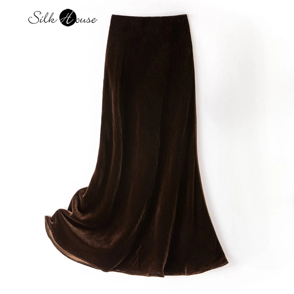 

Slant Cut Coffee Colored 30% Natural Mulberry Silk Velvet Women's Solid Color Slim Fit High Waist Wrapped Fishtail Skirt