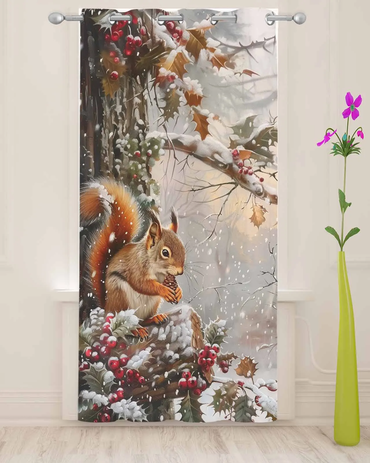 Christmas Squirrel Snowflake Pine Tree Sheer Curtains For Living Room Modern Fashion Valance Curtains For Kitchen Tulle Curtains