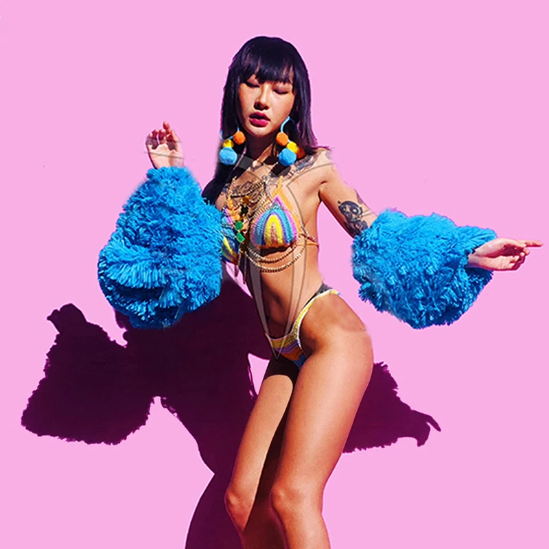 2025 cukierkowy kolor seksowne bikini kostium taneczny na rurze pluszowy rękaw klub nocny Gogo taniec sceniczny ubrania Rave odzież festiwalowa yj115