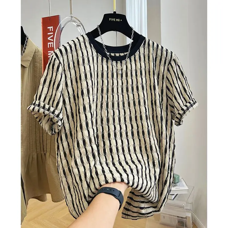 Summer Western Style Simple and Versatile Thin Round Neck Hollow Stripe Casual Loose Oversized Short Sleeve T-shirt for Women