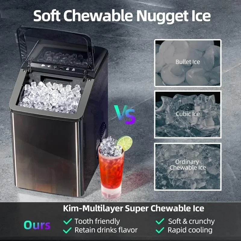 Nugget Ice Maker Countertop Self Cleaning with Drainpipe Crushed Pellet for Home Kitchen Party