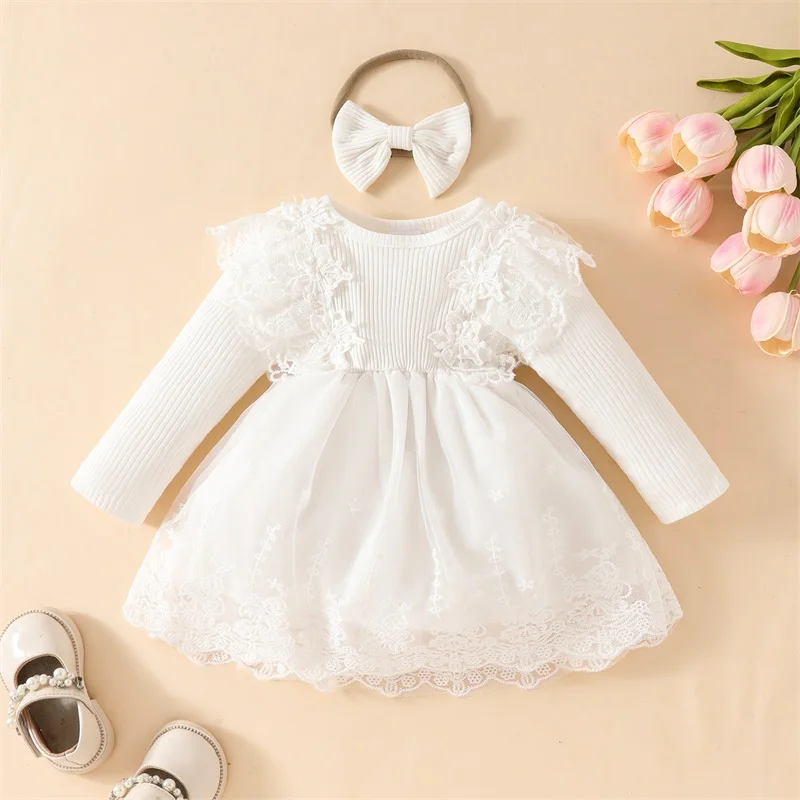 

Baby Girl 2 piece Outfit Long Sleeve Knitted Lace Patchwork Bodysuits Dress with Bowknot Headband Fall Spring Rompers Outfit