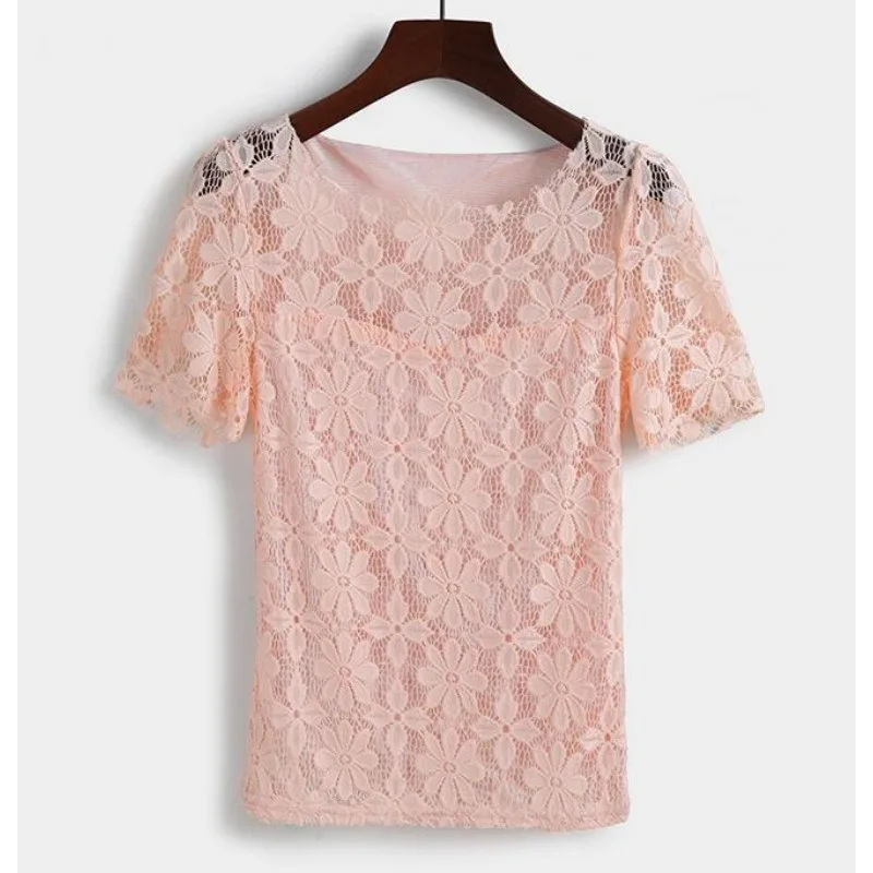 Summer women\'s sexy floral lace slim-fit shirt shirt ladies elegant casual short-sleeved T-shirt top