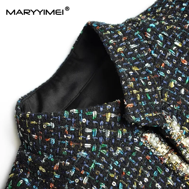 MARYYIMEI-traje de otoño para mujer, abrigo superior de manga larga con lazo y cuello levantado + falda dividida en la cadera, conjunto de 2 piezas de lentejuelas con cuentas