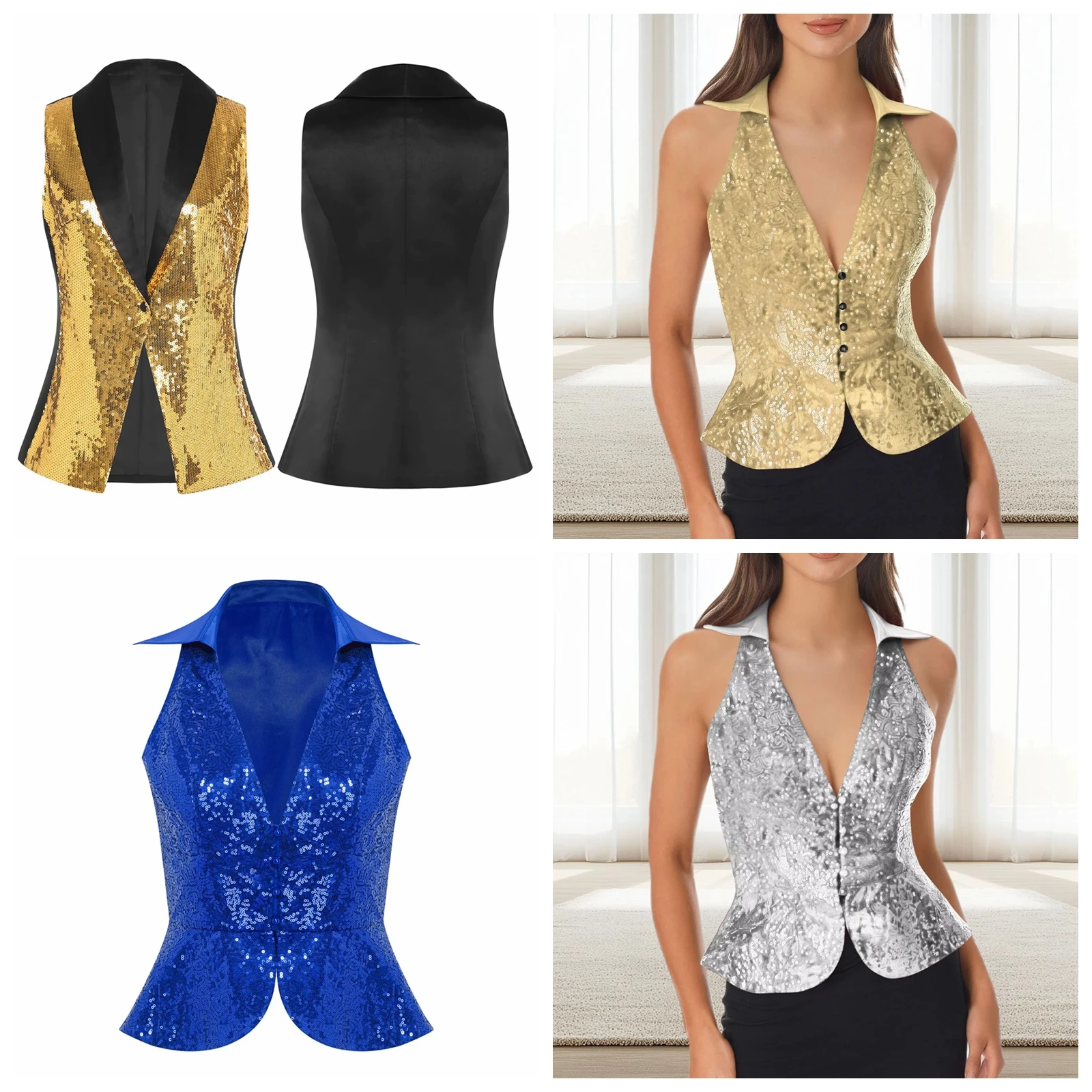 Womens Sequins Vest Fshion Sleeveless Jacket Bling Waistcoats Tops Rave Music Festival Party Nightclub Sparkly Disco Cosutme