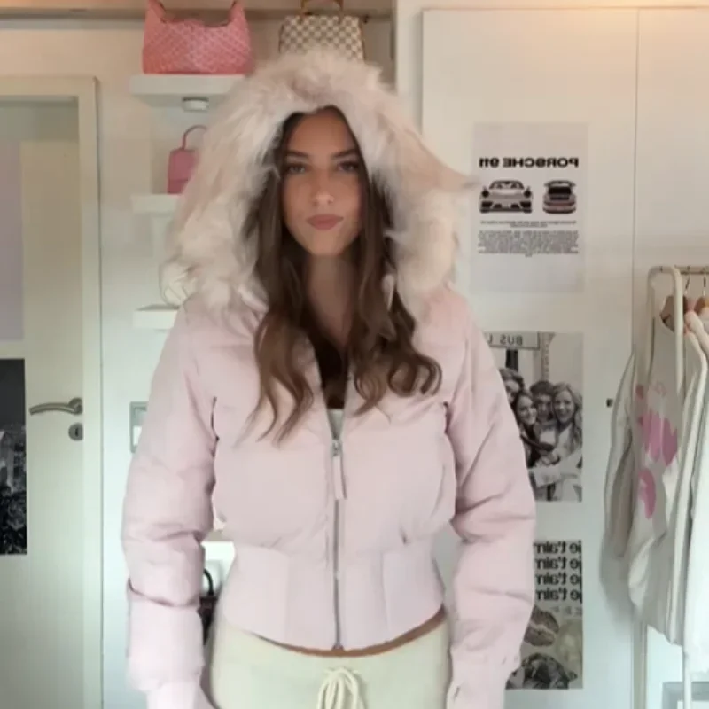 

2025 Winter Autumn Female Outerwear Chic Fur Collar Hooded Women's Cotton Jacket Solid Zipper Slim Waist Pocket Warm Thick Coat