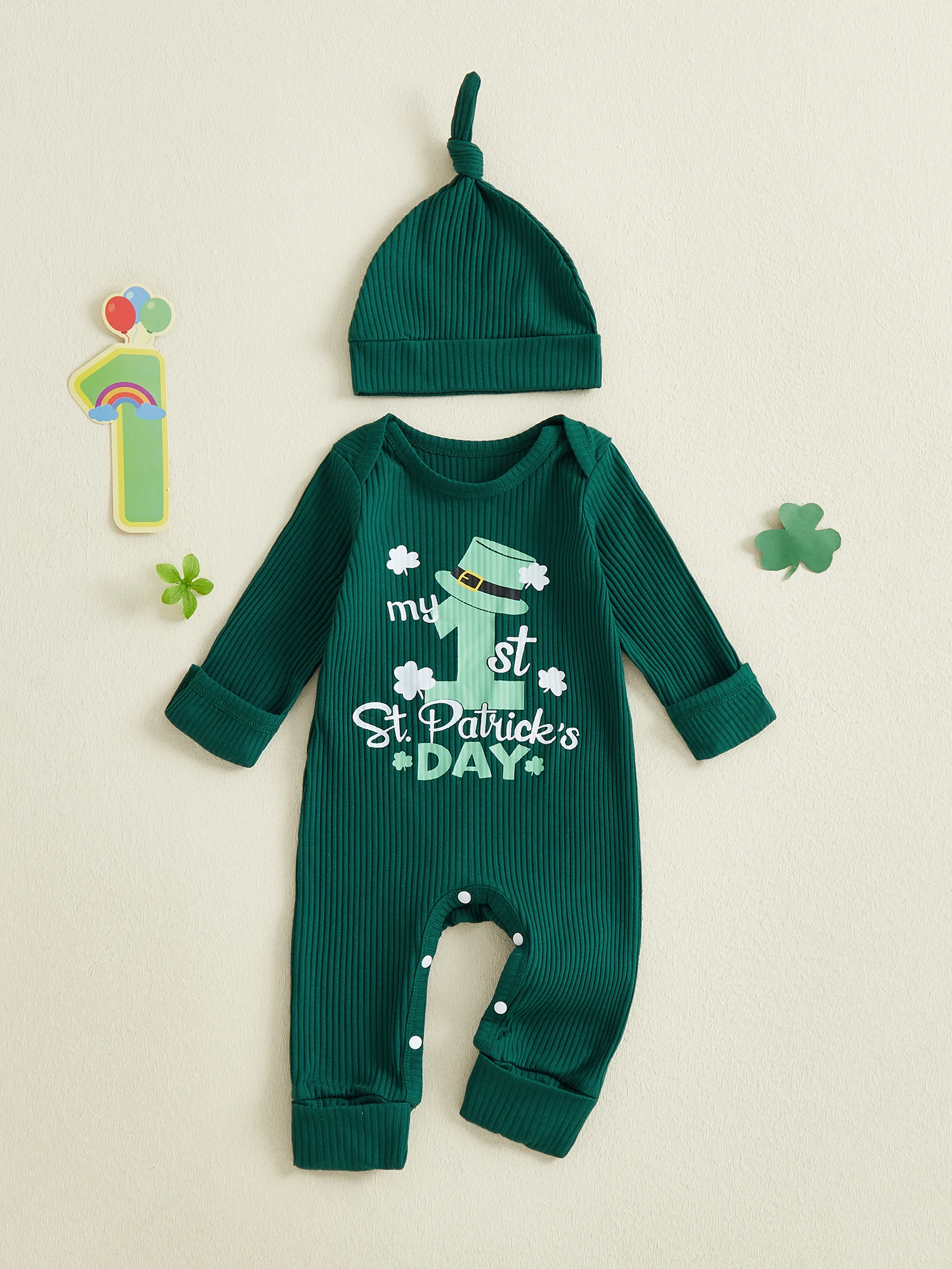 

St Patrick s Day Green Clover Print Baby Romper with Matching Hat Long Sleeve Round Neck Jumpsuit for Infants 2 Piece Set