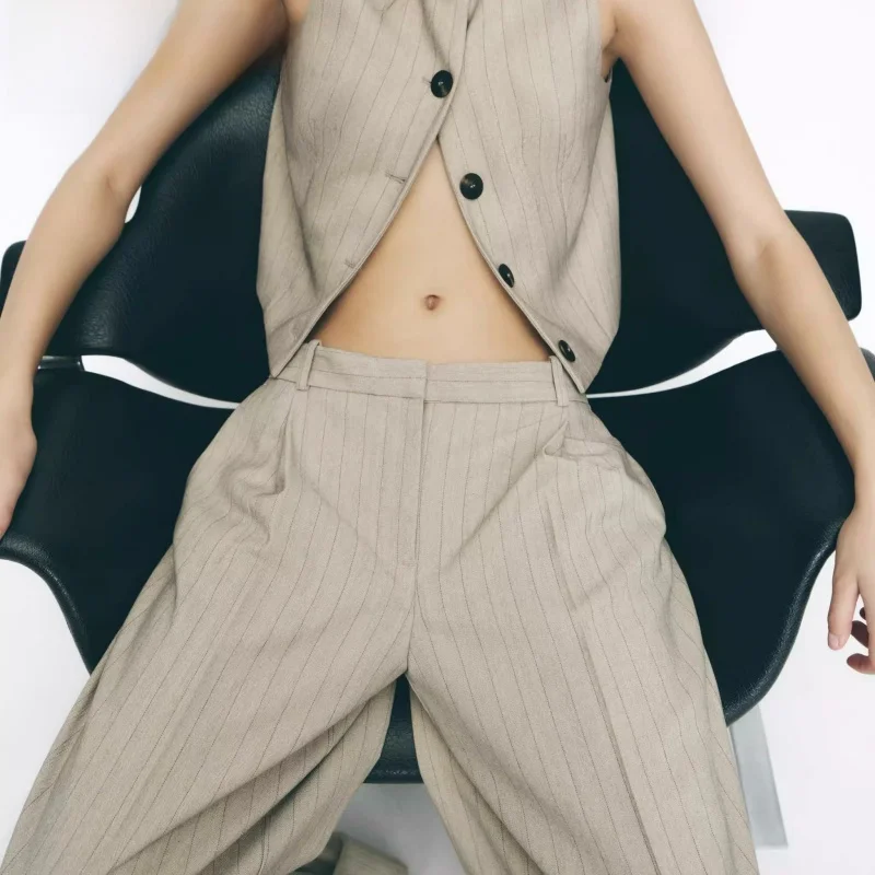 

Spring New Arrival Women's round Ne ort Vest Striped Gingham Pattern Long Pants Commute Sle Button Detail Regular Thi...