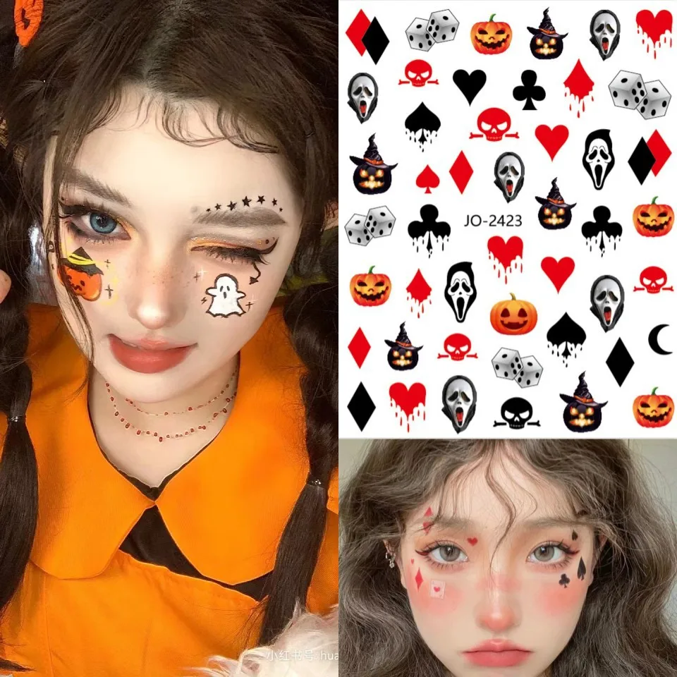 Icey Beauty Halloween Poker Pumpkin Creative Makeup Eyecorner Stickers Cute Skull Evil Crimson Funny Emojis Nail Stickers