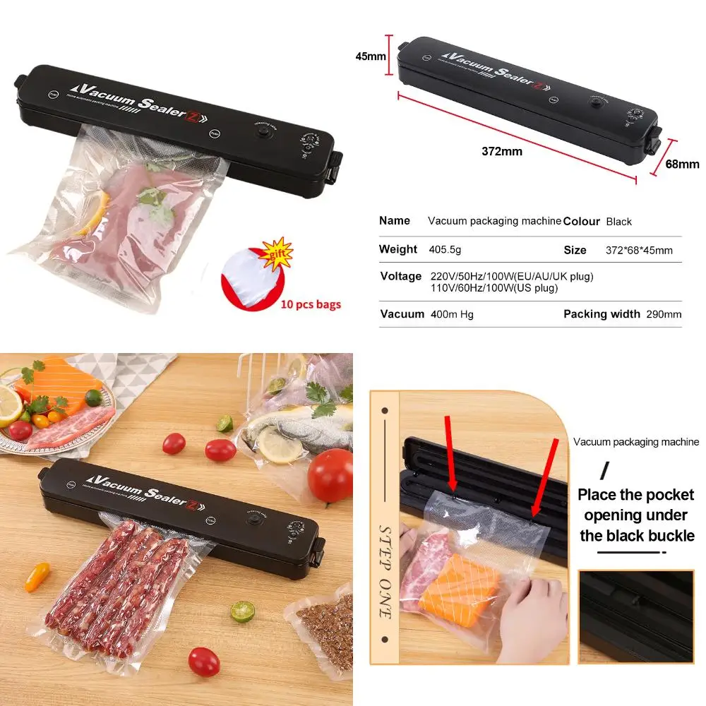 220 В/110 В вакуумная упаковочная машина с бесплатными 10 шт. вакуумными пакетами, бытовой черный пищевой вакуумный упаковщик