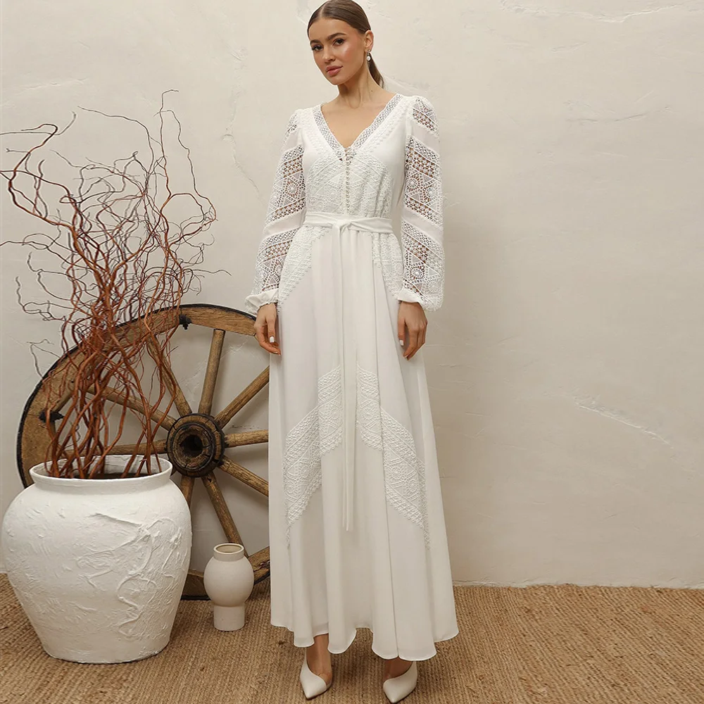 

Matching Ivory Chiffon Appliques Wedding Dress Classic A-Line V-Neck Evening Dress Customized Formal Long Sleeves Celebrity Gown