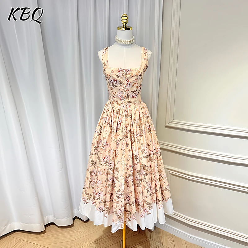 

KBQ Sweet Floral Printing Backless Pleated Dresses for Women Square Collar Sleeveless Temperament Midi Dress Female Fashion New