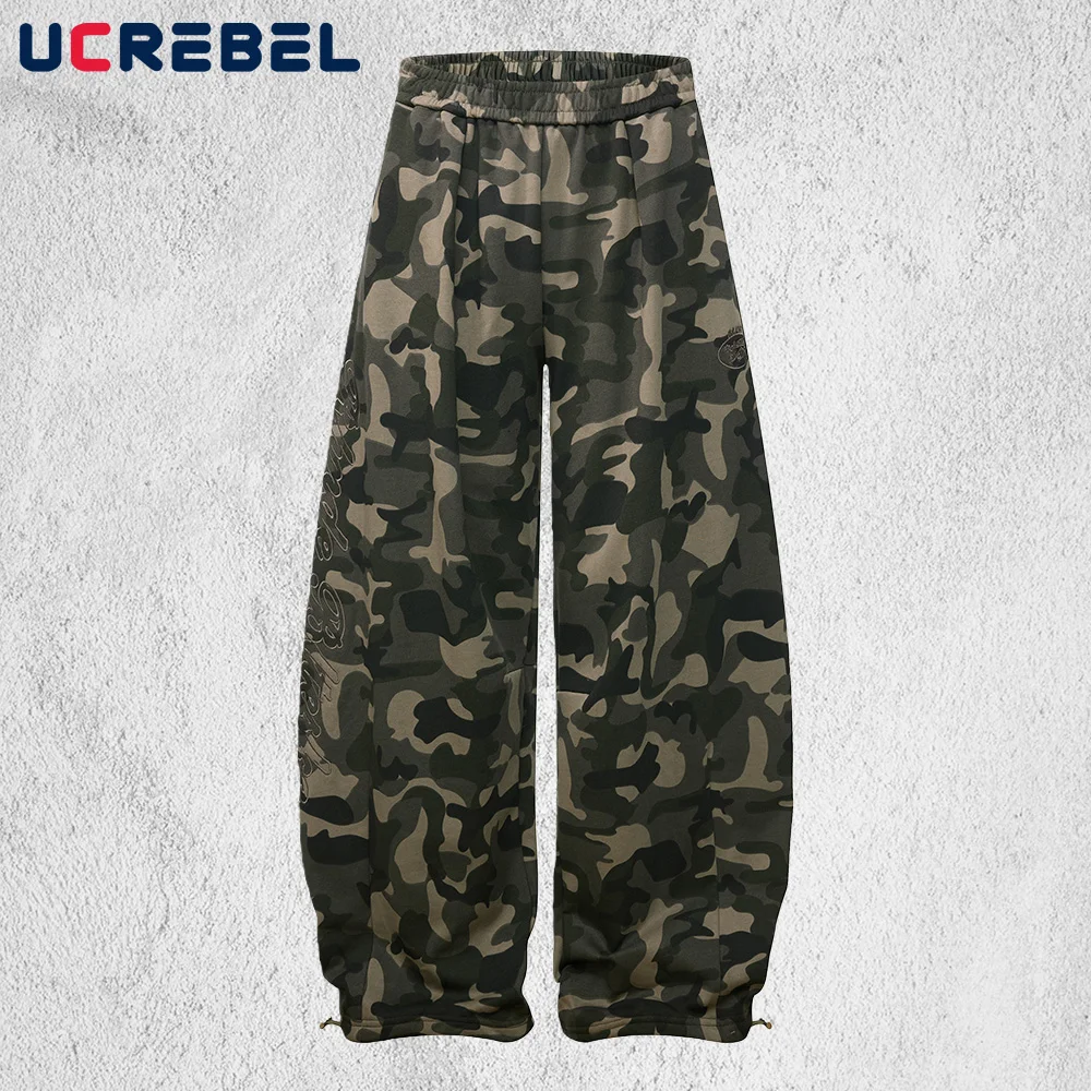 

Камуфляжные спортивные штаны с вышивкой букв, мужские ретро уличные эластичные талии, широкие мешковатые беговые брюки, спортивные брюки для мужчин