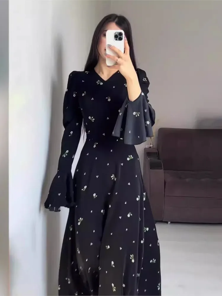 

Eid Muslim Party Dresses For Women Ramadan Lotus Leaf Sleeve Print Long Dress With Belt Female Fashion Elegant Vestidos 2025 New