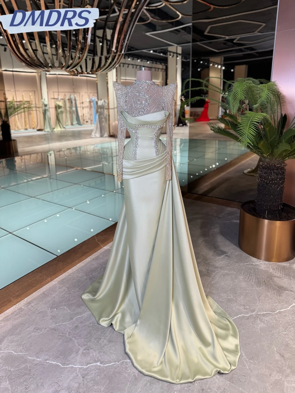 

Light Green Beaded Satin Long Evening Dress Illusion High Collar Wedding Party Gown Customized Luxury Elegant Prom Dresses