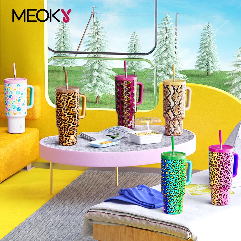 Meoky 40oz Cup Tumbler with Handle Straw Stainless Steel Multi-Prints Coffee Cup Travel Water Bottle Leak-Proof Car Mug Gifts