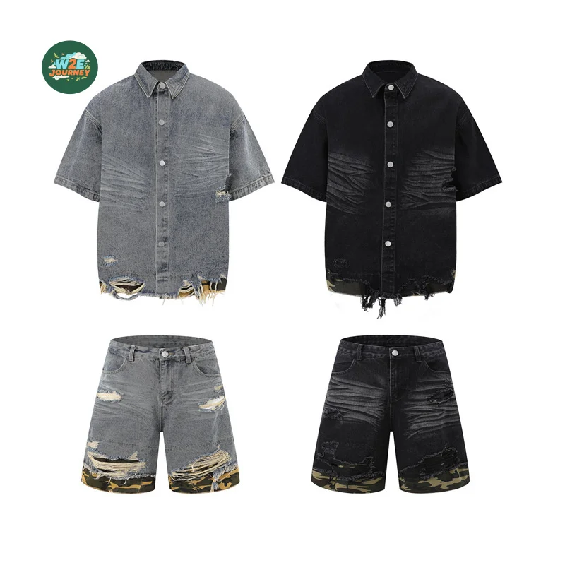 

W2EJOURNEY EU US Size Jean and Shorts Men Y2k Cargo Ripped Elastic Waist Mens Denim Shirt Loose Fit Vintage Outdoor Jean Suit