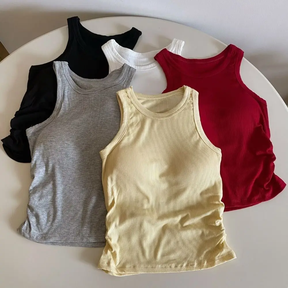 

Sweet Halter Sleeveless Crop Top Slim Fit Round Neck Sweet Girl's Tank Top Undershirts Beachwear Camisole with Pads Lady