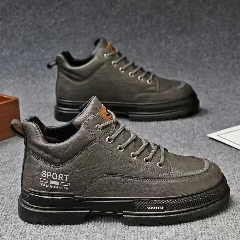 

Мужские ботинки на платформе, кожаные ботильоны, весна-осень, новая нескользящая обувь на толстой подошве со шнуровкой и круглым носком, рабочая защитная обувь, мотообувь