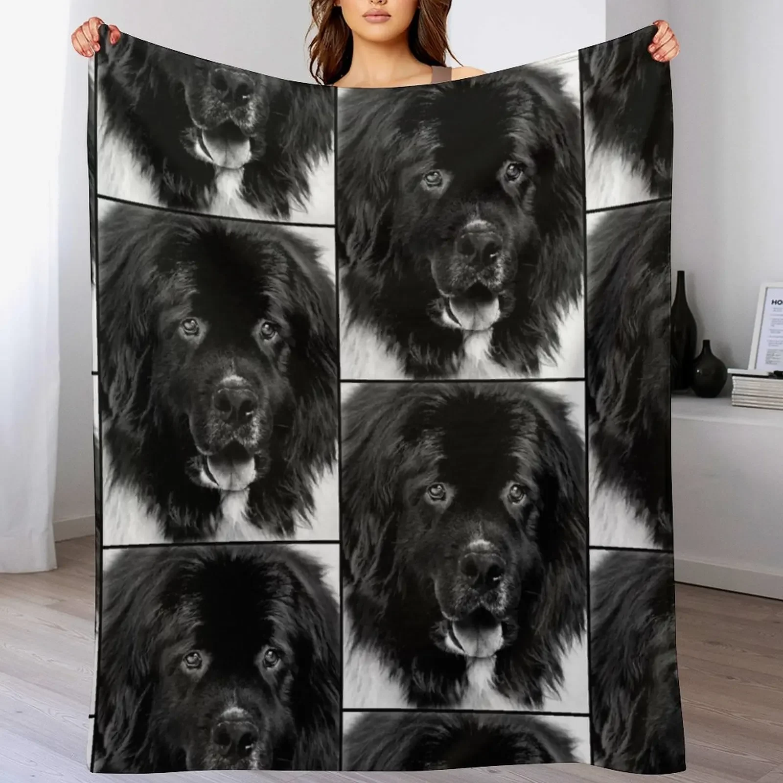Newfoundland Dog Portrait in Black and White Throw Blanket Sofas Decorative Beds Blankets