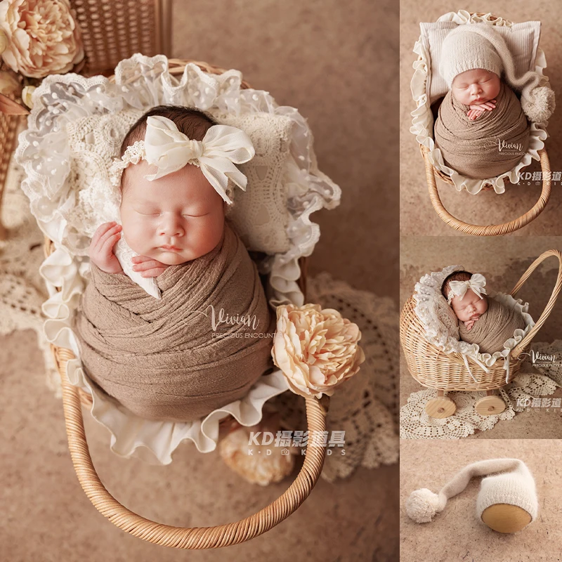 

0-1month Newborn Photography Props Baby Girl Boy Cradle Prop Knitted Pompom Hat Posing Pillows Infants Studio Shooting Accessori