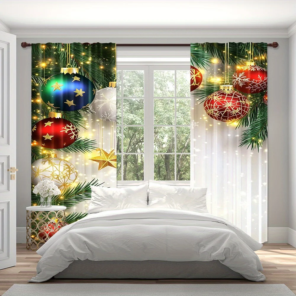 

2pcs Set Festive Christmas Curtains Soft Polyester with Digital Prints of Balls Branches & Stars Rod Pocket Design for Windows