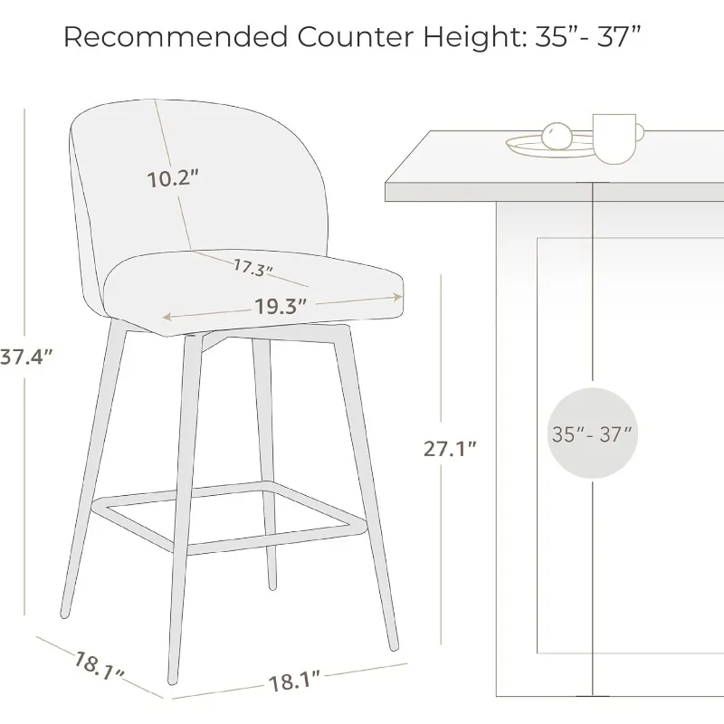 Counter Height Bar Stools Set of 2, 360° Swivel Upholstered Barstools with Backs and Metal Legs, 26