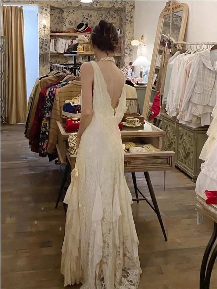 Suknia wieczorowa Ele V-Ne Lace Dr, klasyczna, długa, w stylu vintage, szlafrok poranny, sukienka letnia w stylu wróżki.