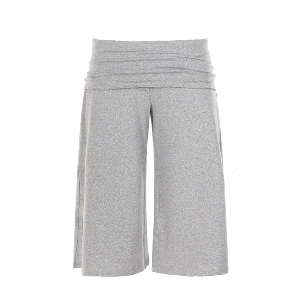Fold Over Waistband Wide Leg Capri Pants Stretch Fabric Flowy Silhouette Fold Over Palazzo Pants Cropped Length Low Rise Fit