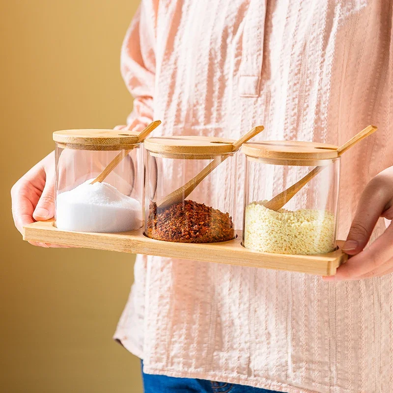 

Glass Spice Storage Jar Wood Lid Container Spices Food Cereal Jar Kitchen Salt Candy Cookies Tea Coffee Beans Organizer Bottle