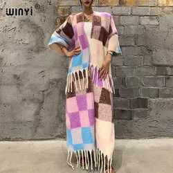 WINYI Africa winter clothes for women Color check print Luxury Fur coat maxi Thick Warm Female long down coat tassels jacket