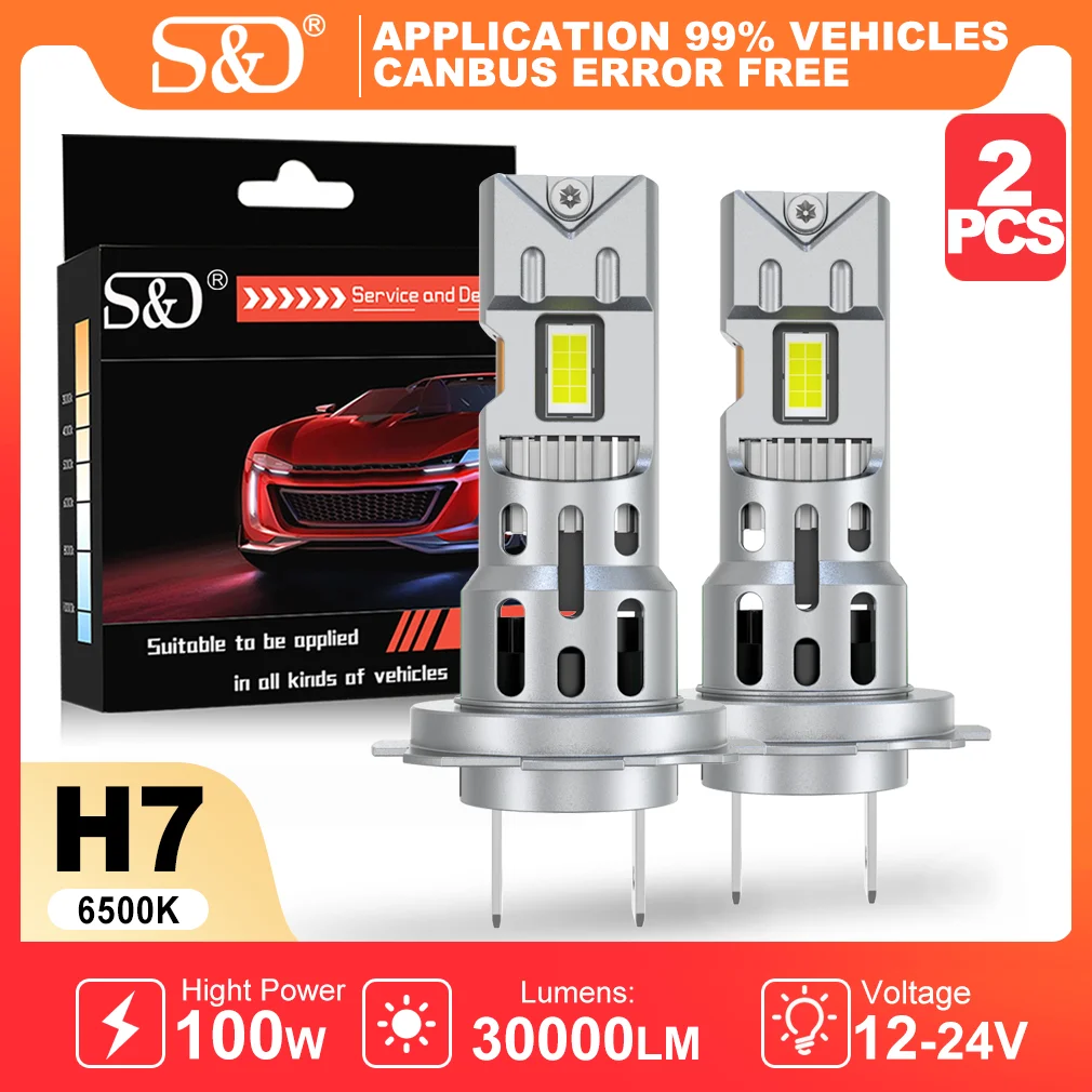 S & D H7 phare de voiture LED 30000LM 6500K Canbus sans erreur H7 ampoules de voiture 100W Plug and Play phare automatique sans fil avec ventilateur de refroidissement