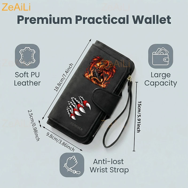 Fiery Red Dragon Dynamic Flame Paw Herren Damen Geldbörse mit langem Reißverschluss, Schnallenhandtaschen, Münzgeldbörse, Multi-Kartenhalter, Tasche mit großem Fassungsvermögen – Detail 3