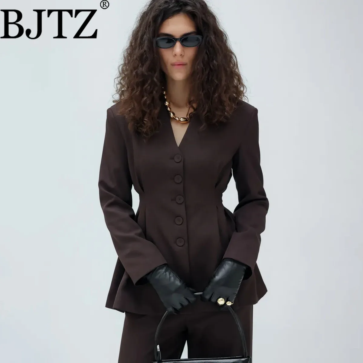 

BJTZ 2026 Spring Autumn Women's Blazer Set - V-Neck Ruffled Waist-Cinched Classic Fashion Office 2-Piece Suit