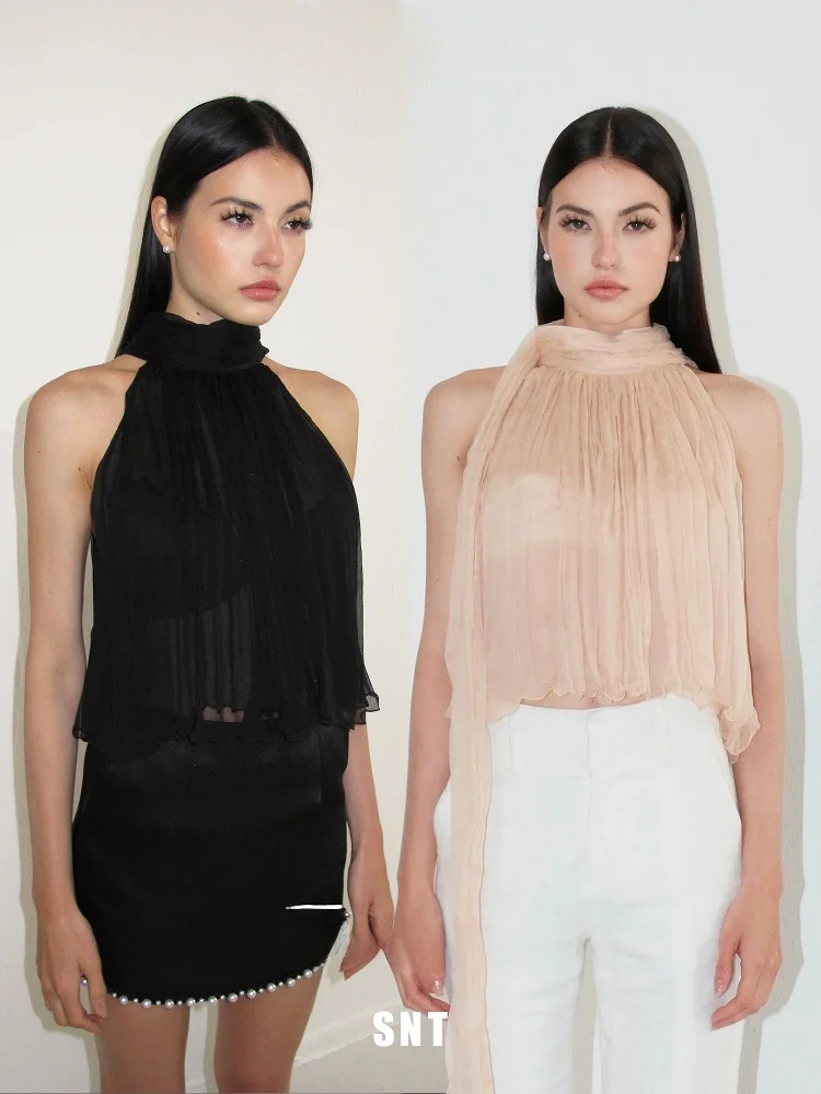 

Шелковый топ SNT с открытыми плечами, абрикосовый с черным, размер 48, женский, приталенный, оригинальный дизайн