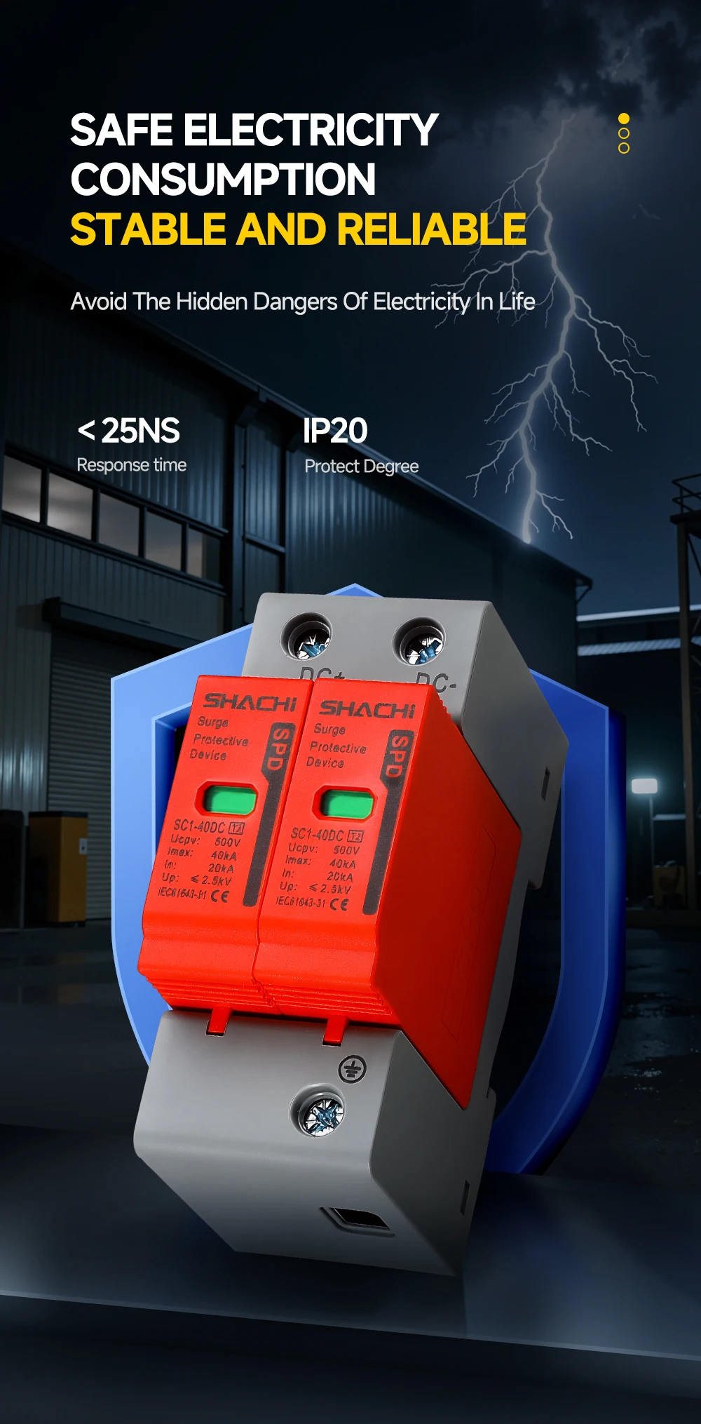 2P DC-Serien-Überspannungsschutzgerät 500V 600V 800V 1000V 10-20KA 20-40KA für Photovoltaik-Solaranlagen-Blitzschutz – Detail 3