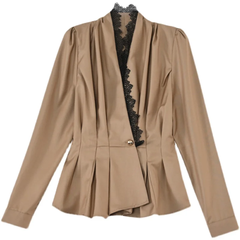 Herbst 2021 Frauen Blazer jacke Elegante Dünne Patchwork Spitze Anzug Blazer V-ausschnitt Langarm Single Button Büro dame shirt