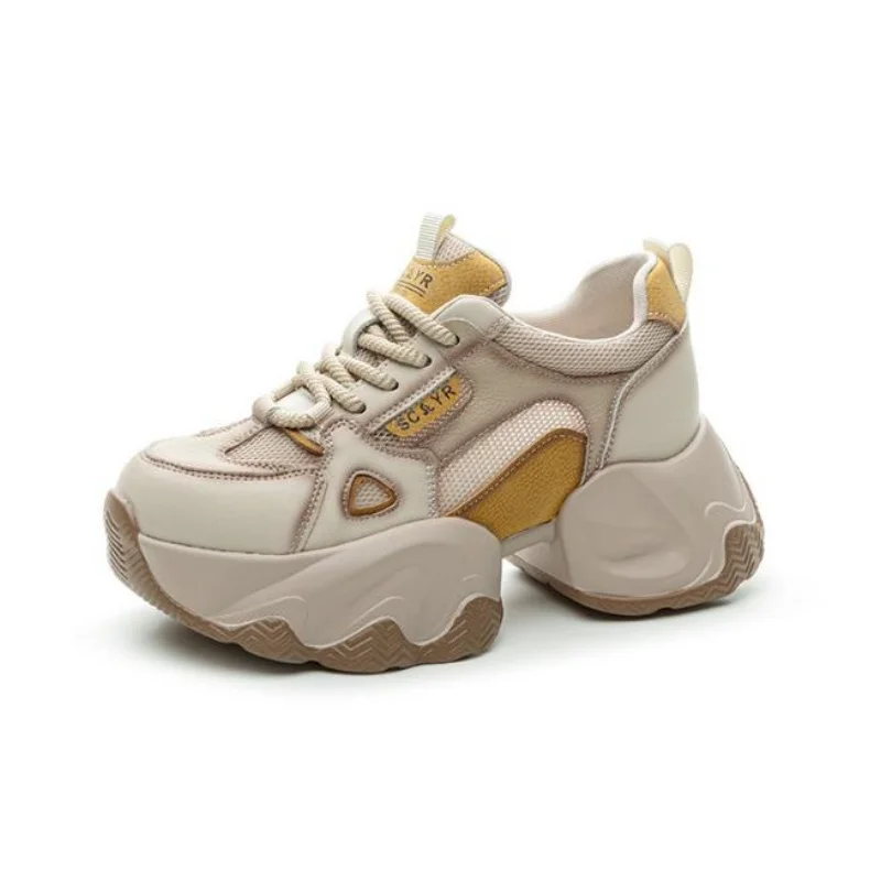 

7,5 см кожаные туфли из микрофибры с воздушной сеткой на плоской подошве, модные женские весенние туфли на танкетке со шнуровкой, массивные вулканизированные кроссовки на платформе, размеры 34-40