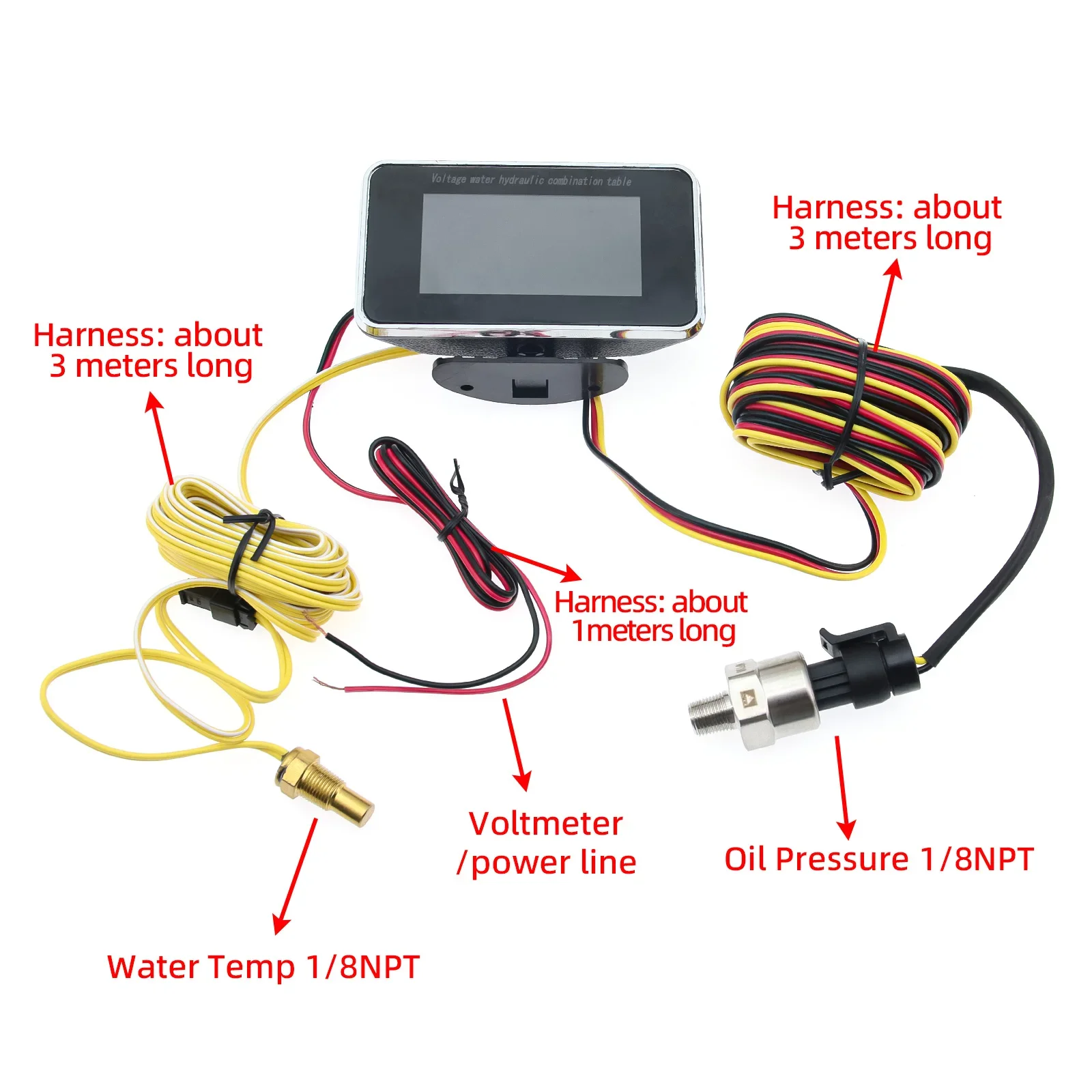 Universal LCD Digital Truck Car Combination Table, 3 em 1, 12V, 24V, pressão do óleo, tensão, temperatura da água, 1/8 NPT Sensores