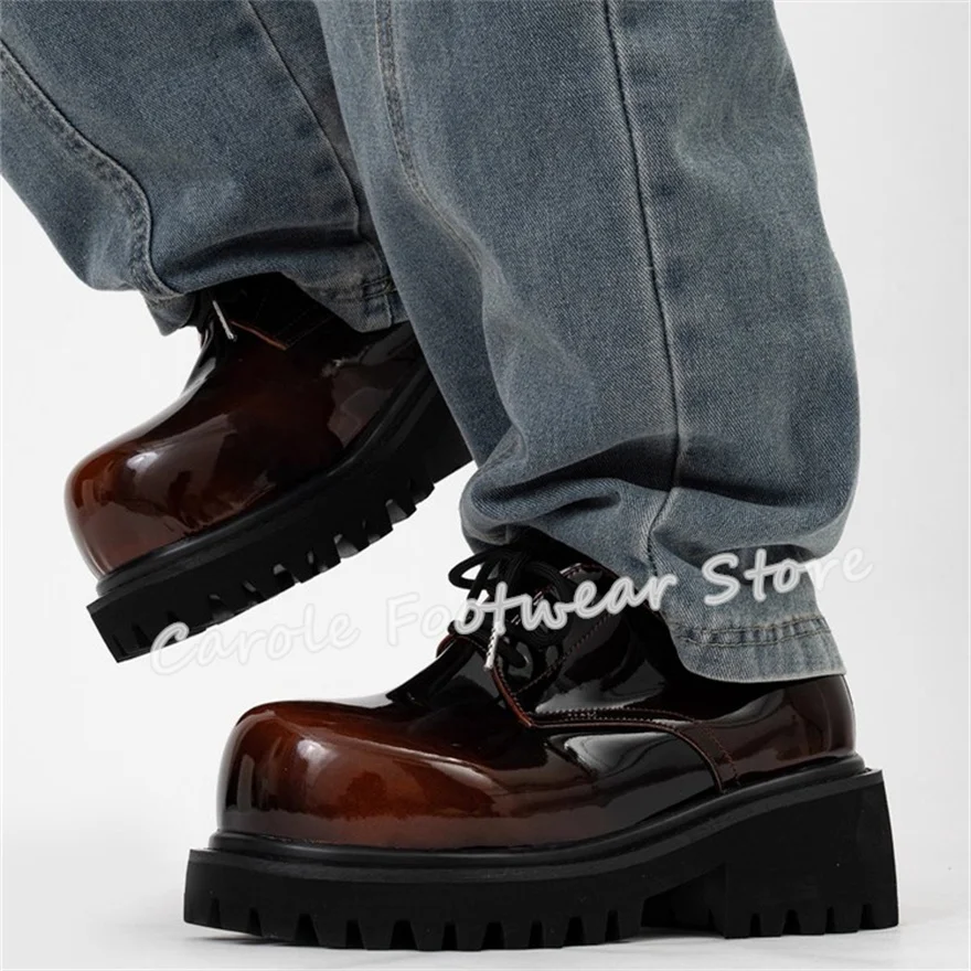 ファッションミックスカラーレザービッグヘッドダービーシューズ男性用 10 センチメートルチャンキーヒール高さ増加レースアップオックスフォード男性カジュアルローファー