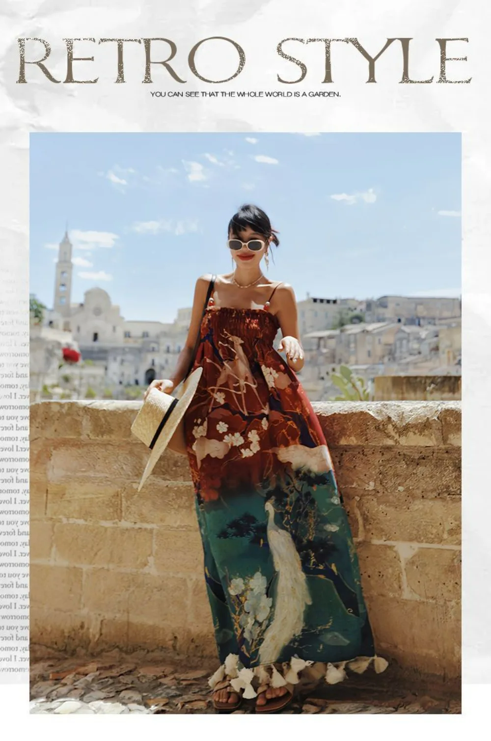 Tao Te robe Vintage Oriental licou robe Maxi imprimé artisanal frange détail Boho soie plage couvrir Yugen MoodEnigmaticVacation