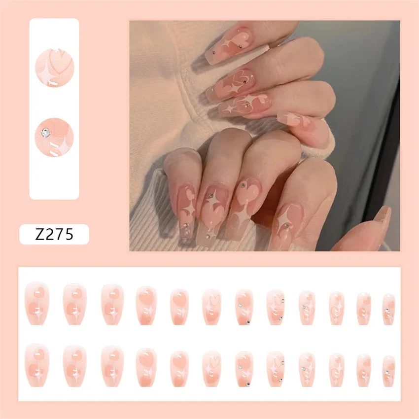 24Pcs/Set Gentle Pure Desire Style Fake Nails Peach Heart Star Art Wearing False Nails Full Coverage Handmade Press on Nail Tips