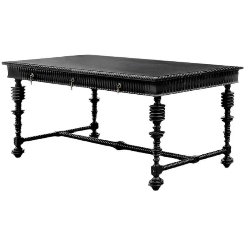 

American solid wood desk, retro black engraving, desk dining table, rectangular table