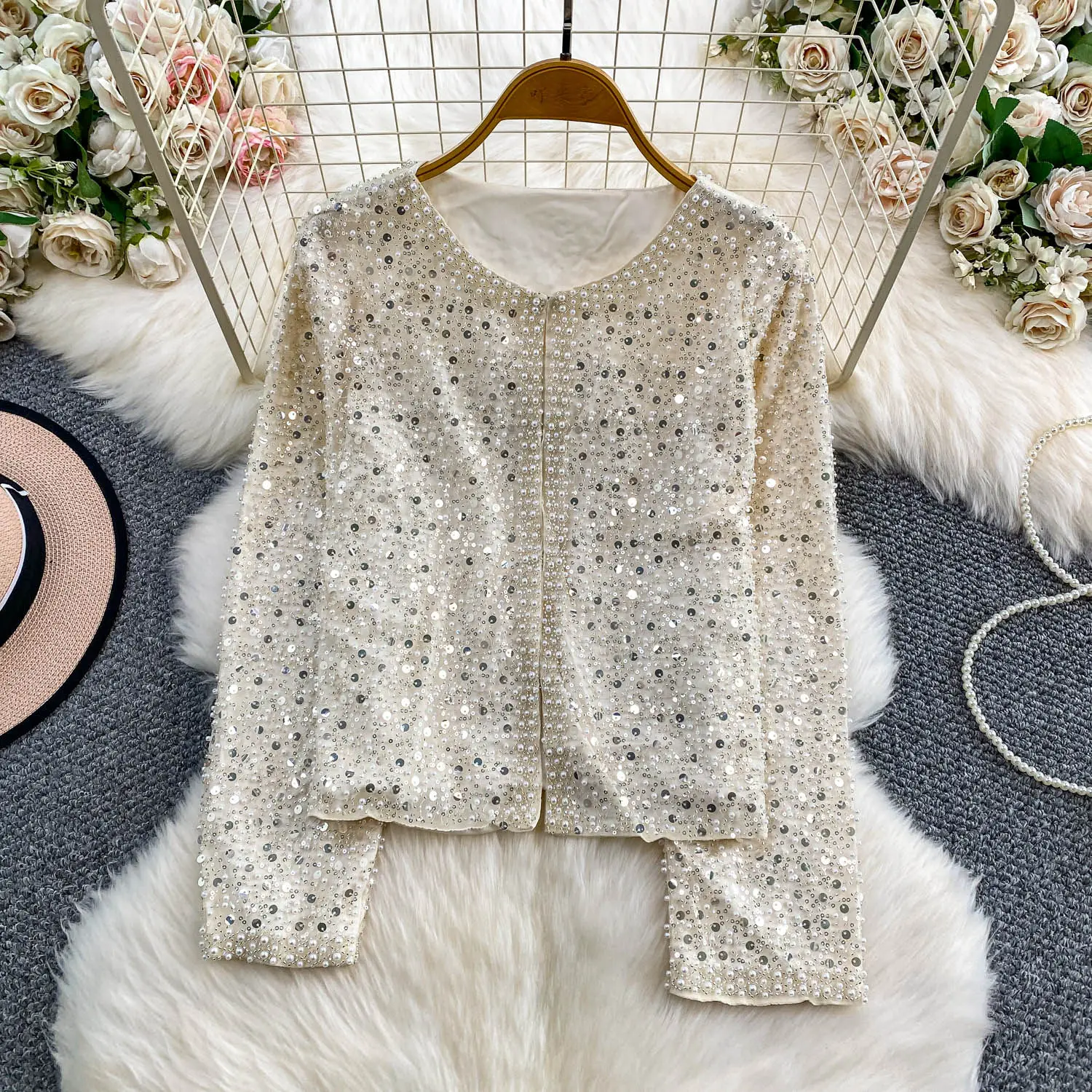 

Vintage basics long sleeve Beading sequin Blouse Korean Fashion Sexy office lady Shirt women clothing